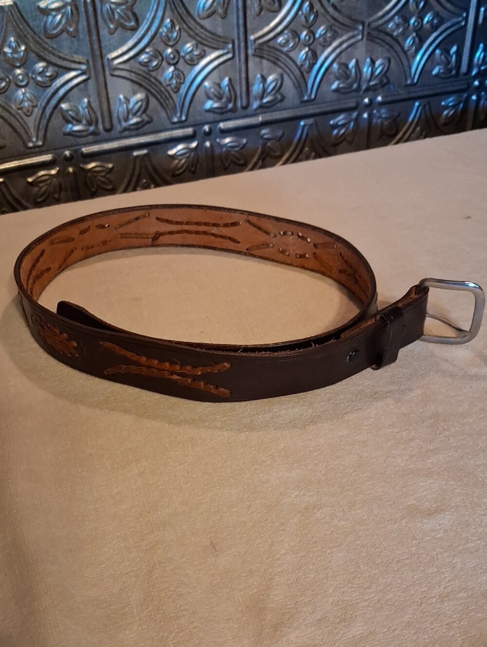 Men's Brown Tooled Leather Belt with Silver-Tone Buckle